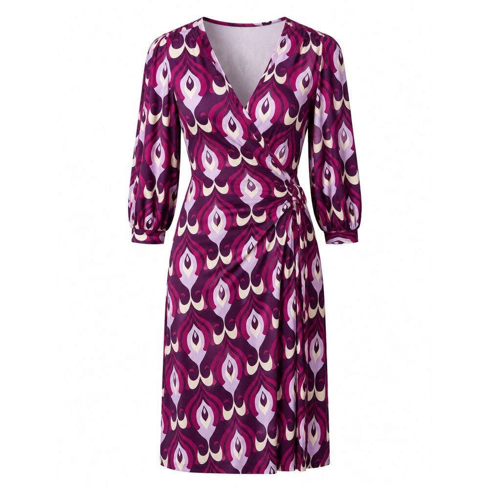 Purple/Pink Retro 70’s Geometric Wrap Dress Stretch Casual Office size 12